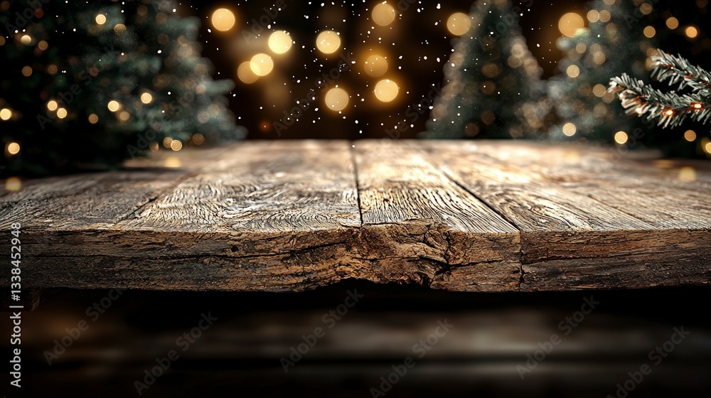 Rustic Wooden Table Christmas Lights Bokeh Background Rustic Wooden Table Christmas Lights Bokeh Background
