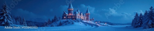 Frosty castle turrets glow softly in night sky, frozen landscape, winter wonderland