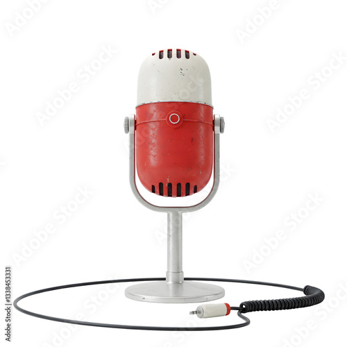  Red and white retro or antique metal microphone - Podcast audio and music recording symbol - Audio capture.
