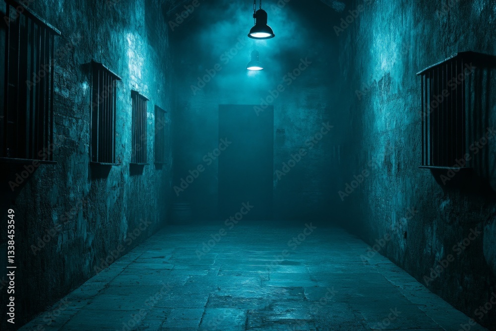 Obraz premium Eerie corridor illuminated by dim lights in an abandoned building with fog creating a haunting atmosphere