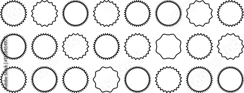 Circle sticker set. Zigzag edge promo black badges. Starburst shape tags for price. Blank sale stickers