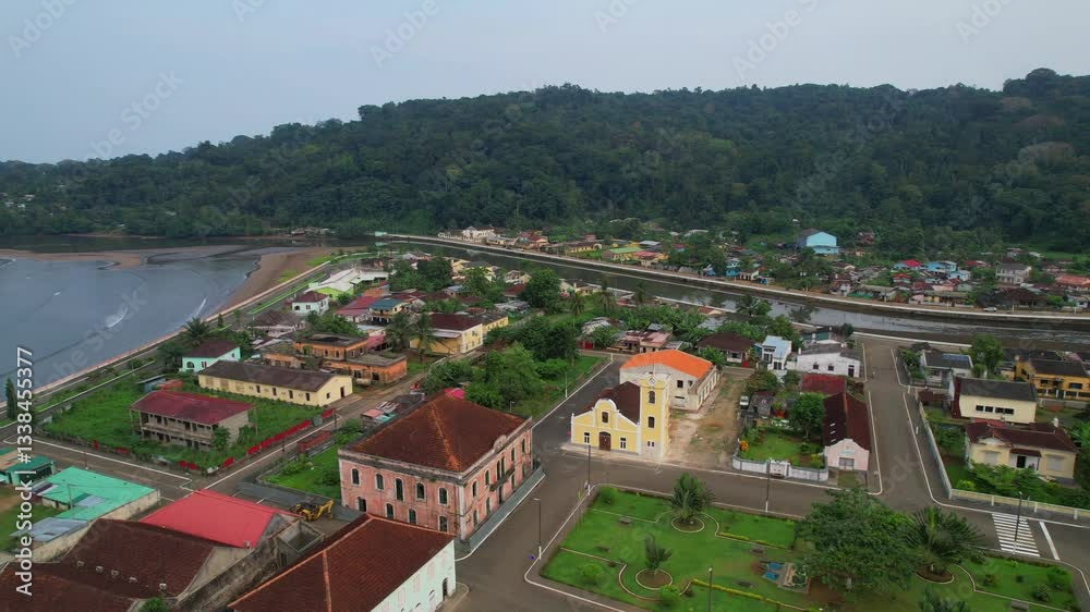 Aerial view towards Santo Antonio church with the junction of parrot river and the ocean at background at Ilha do Principe (Prince Island) São Tomé e Principe,Africa Aerial view towards Santo Antonio church with the junction of parrot river and the ocean at background at Ilha do Principe (Prince Island) São Tomé e Principe,Africa