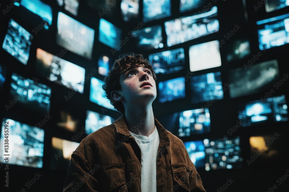 Fototapeta premium Young boy gazes up in a dark room filled with glowing screens displaying various visuals