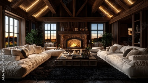 Cozy Farmhouse Living Room  Rustic Interior Design  Fireplace  Sunset View