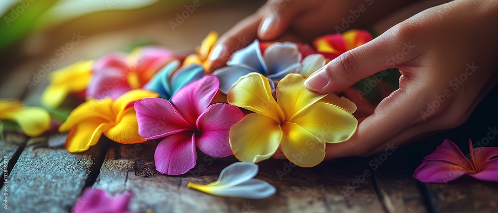 A close-up of a hand weaving a traditional Hawaiian lei from vibrant plumeria flowers, with petals scattered on a wooden table.