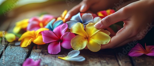 Obraz na płótnie A close-up of a hand weaving a traditional Hawaiian lei from vibrant plumeria flowers, with petals scattered on a wooden table. w salonie