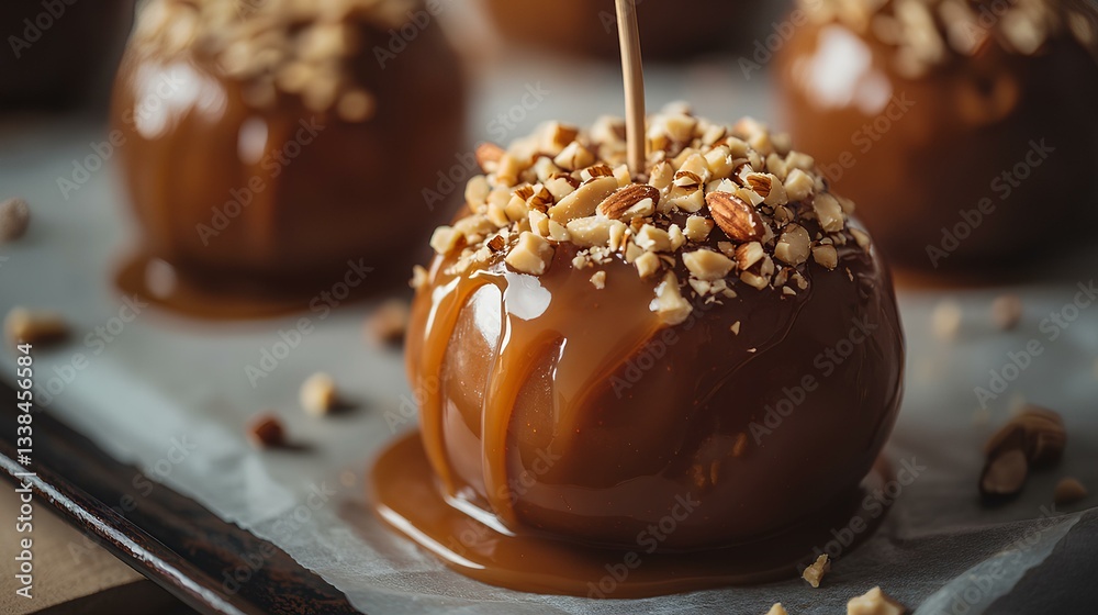A candy apple dipped in caramel and coated with crushed nuts, resting on a parchment-lined tray.