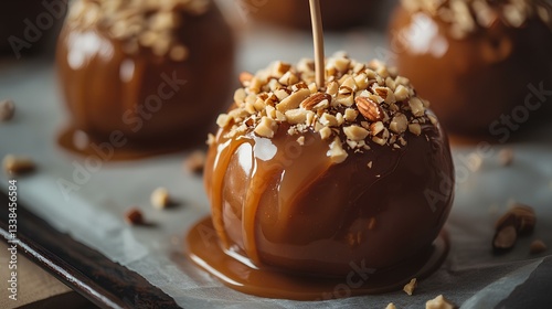 Obraz na płótnie A candy apple dipped in caramel and coated with crushed nuts, resting on a parchment-lined tray. w salonie