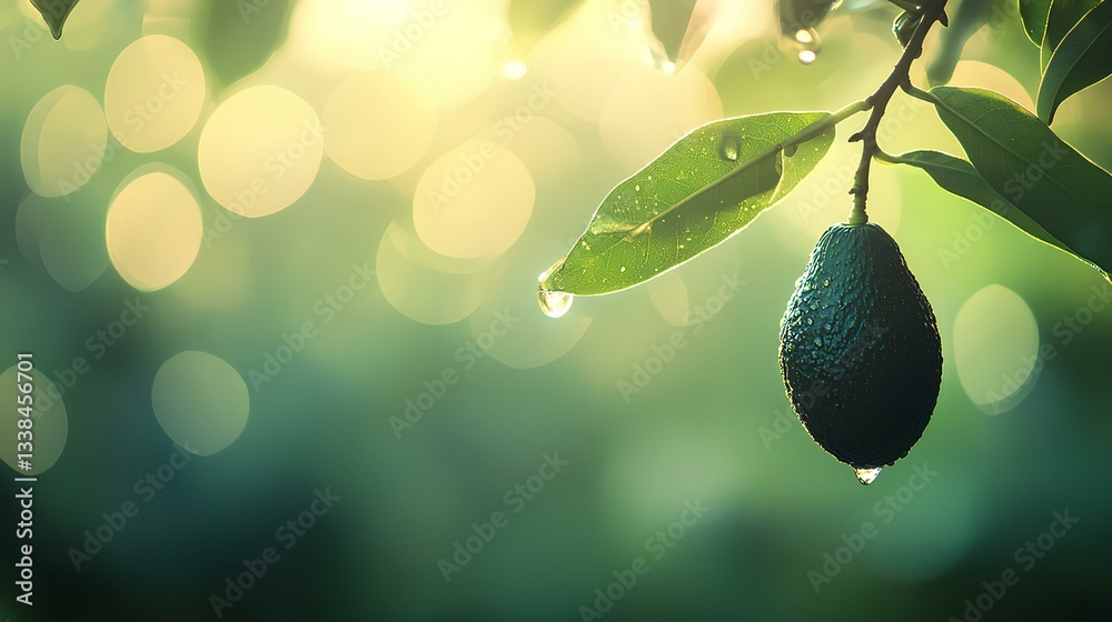 single avocado growing on a tree branch, glistening under morning dew in a sunny orchard