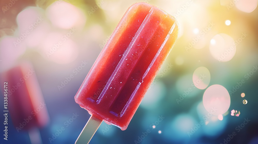 A close-up of a watermelon popsicle, dripping slightly as it rests against a bright summer background