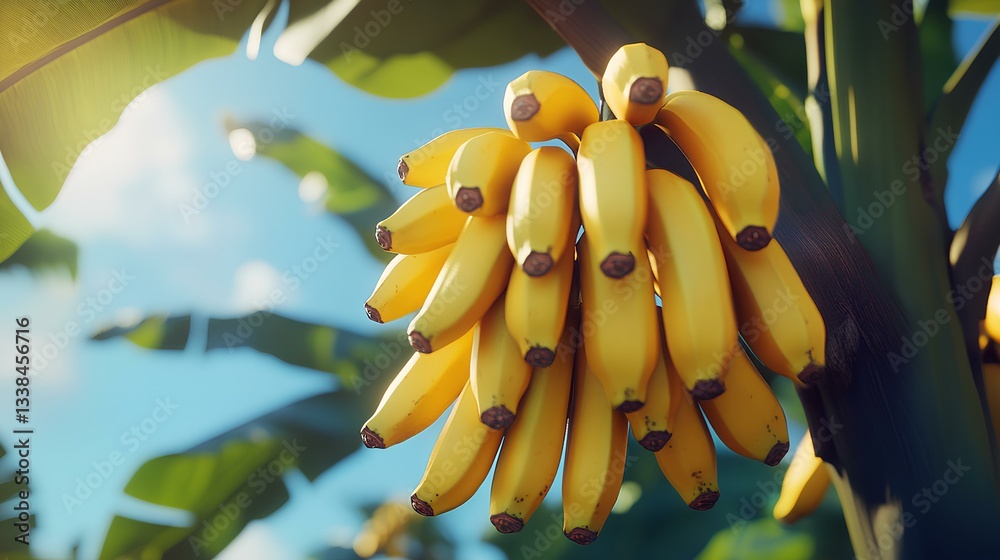 A banana tree with ripe yellow bananas hanging in a cluster