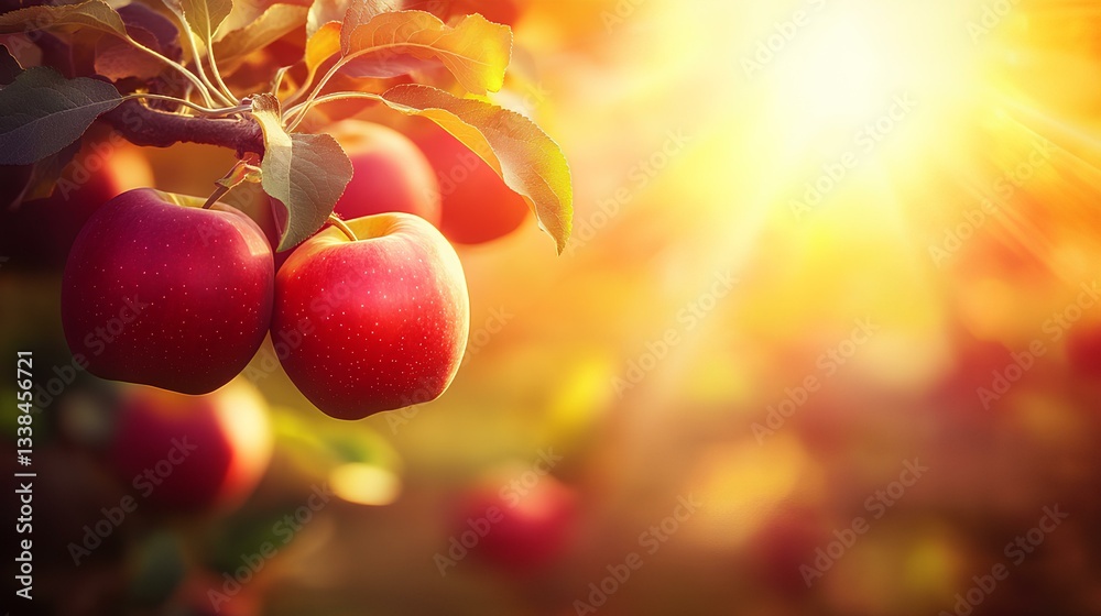 vibrant apple orchard with sunlight streaming through the branches, highlighting bright red apples ready for harvest