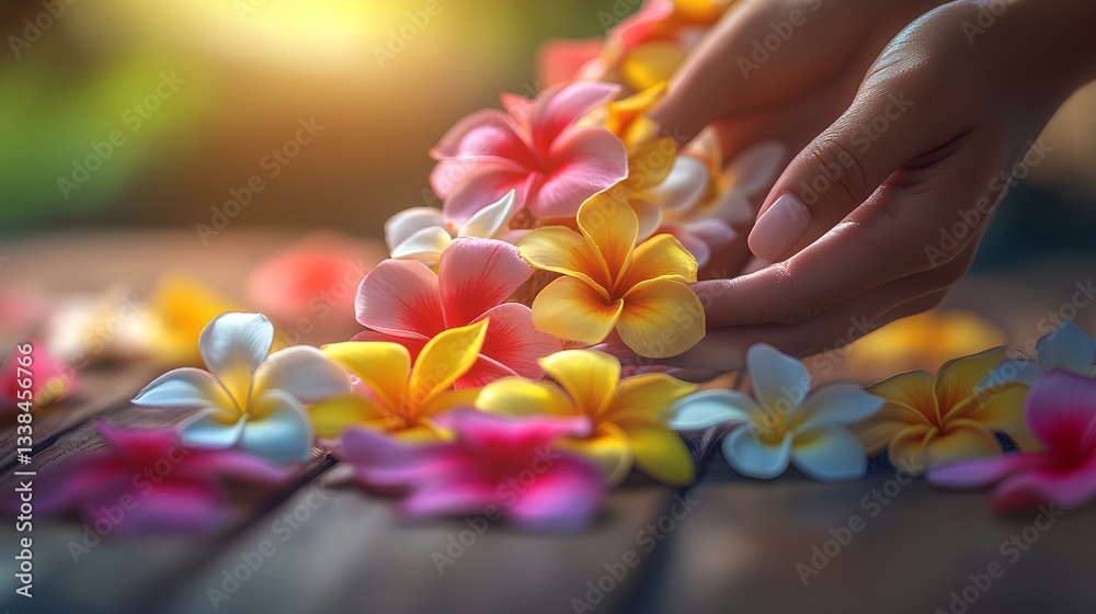 A close-up of a hand weaving a traditional Hawaiian lei from vibrant plumeria flowers, with petals scattered on a wooden table.