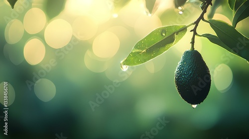 Obraz na płótnie single avocado growing on a tree branch, glistening under morning dew in a sunny orchard w salonie