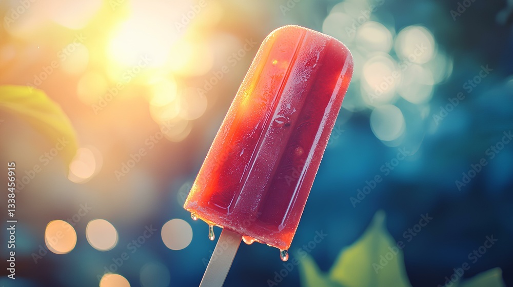 A close-up of a watermelon popsicle, dripping slightly as it rests against a bright summer background