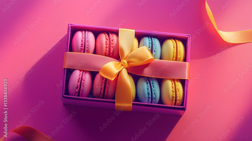 A box of assorted macarons in bright colors, arranged neatly with a ribbon tied around the box