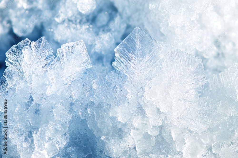 Fototapeta premium Close-up view of delicate snowflakes shimmering in winter sunlight in a serene snowy landscape