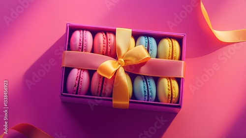 Obraz na płótnie A box of assorted macarons in bright colors, arranged neatly with a ribbon tied around the box w salonie