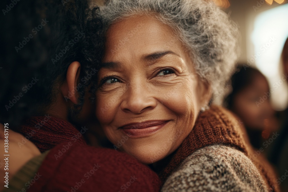 Warm embrace shared between grandmother and grandchild during a family gathering in a cozy setting Warm embrace shared between grandmother and grandchild during a family gathering in a cozy setting