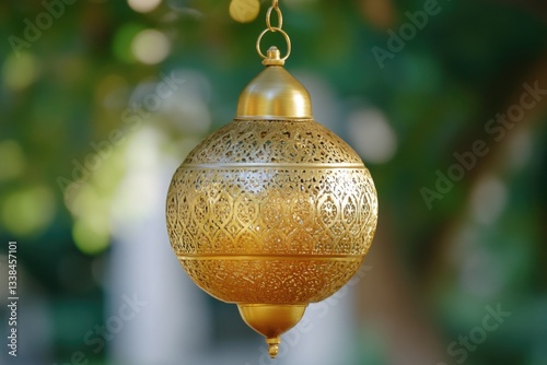 A golden lantern suspended by a chain, ideal for lighting up special events or adding a touch of elegance to any setting