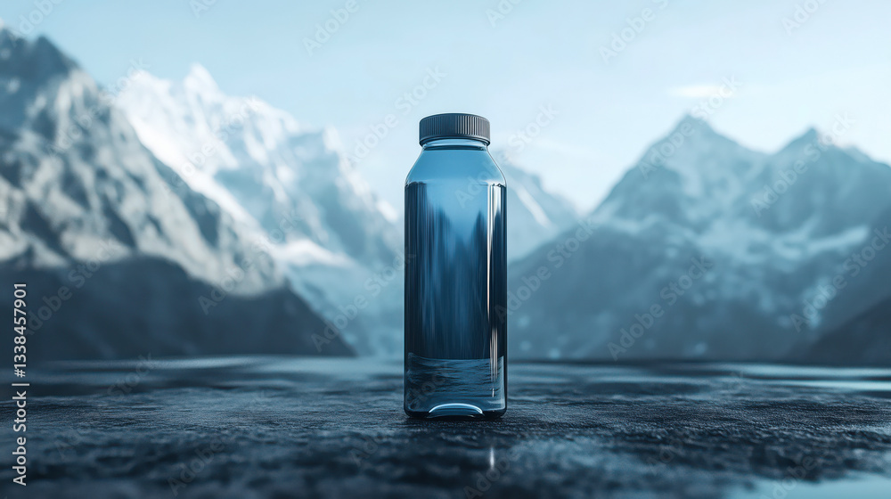 Clear Plastic PET water bottle, minimalistic design, clear bottle texture, placed on mountains background, water bottle mockup