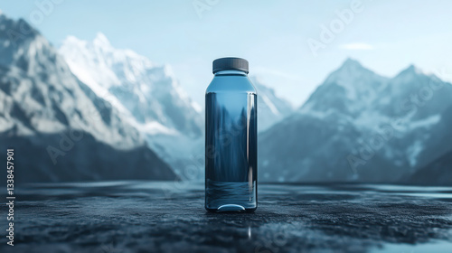 Obraz na płótnie Clear Plastic PET water bottle, minimalistic design, clear bottle texture, placed on mountains background, water bottle mockup w salonie