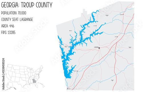 Large and detailed map of Troup County in Georgia, USA.