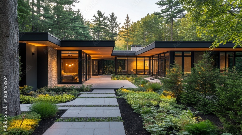 A geometric flat-roof residence with bold architectural lines, dark accents, and an illuminated pathway. A geometric flat-roof residence with bold architectural lines, dark accents, and an illuminated pathway.