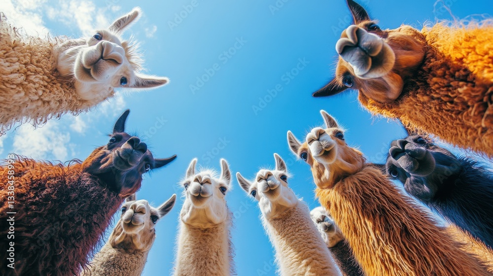 Fototapeta premium Curious llamas gather under a bright blue sky at a sunny farm, showcasing their unique fur patterns and playful moods