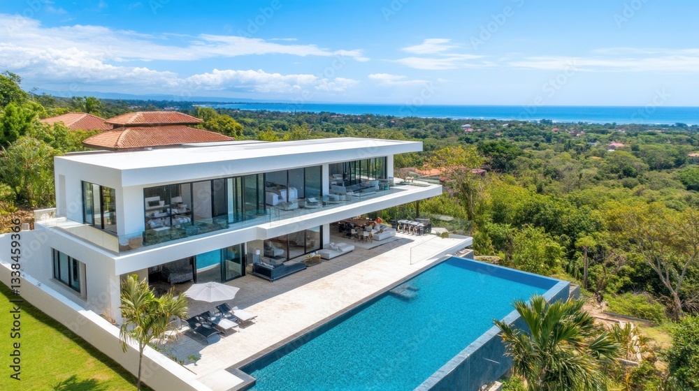 Fototapeta premium A glass-walled modern villa with a large rooftop terrace, overlooking a picturesque coastal landscape.
