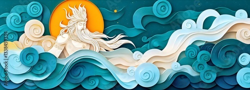 A grand papercut illustration of Lord Vayu, the wind god, soaring through swirling clouds, symbolizing movement, strength, and divine energy