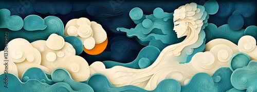 A grand papercut illustration of Lord Vayu, the wind god, soaring through swirling clouds, symbolizing movement, strength, and divine energy