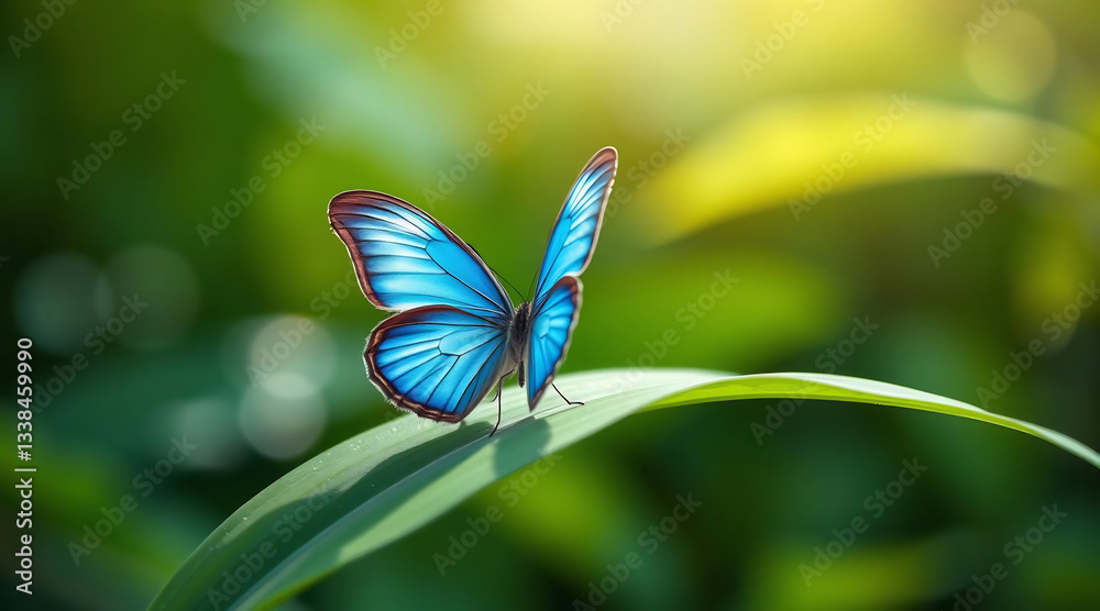 Fototapeta premium Blue Butterfly on Green Leaf