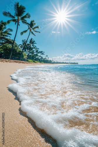 A beautiful, sunny day at the beach in Hawaii, with palm trees and crystal-clear water, perfect for vacation photography.