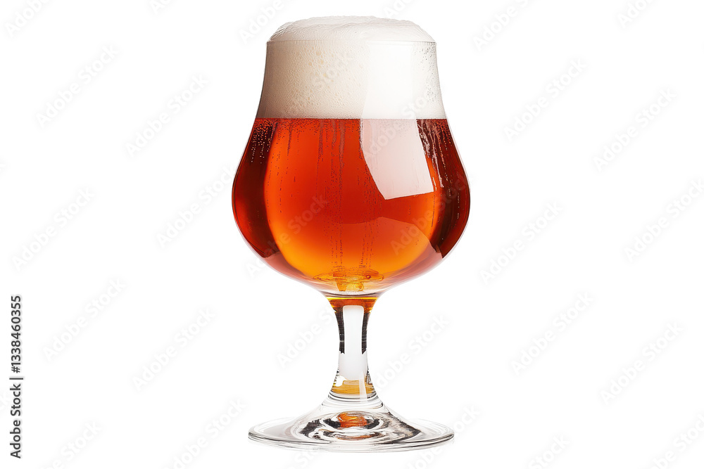 A close-up of a frothy beer in a glass on a white background A close-up of a frothy beer in a glass on a white background