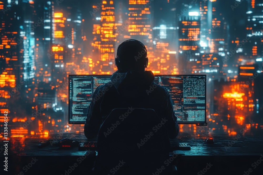 Individual in hoodie works on multiple computer screens in a neon cityscape at night Individual in hoodie works on multiple computer screens in a neon cityscape at night