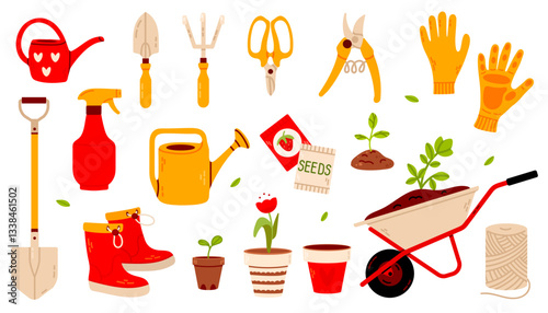 A vibrant collection of gardening tools, gloves, a wheelbarrow, watering cans, and seed packets in a red and yellow color scheme. Ideal for garden-themed illustrations and designs.