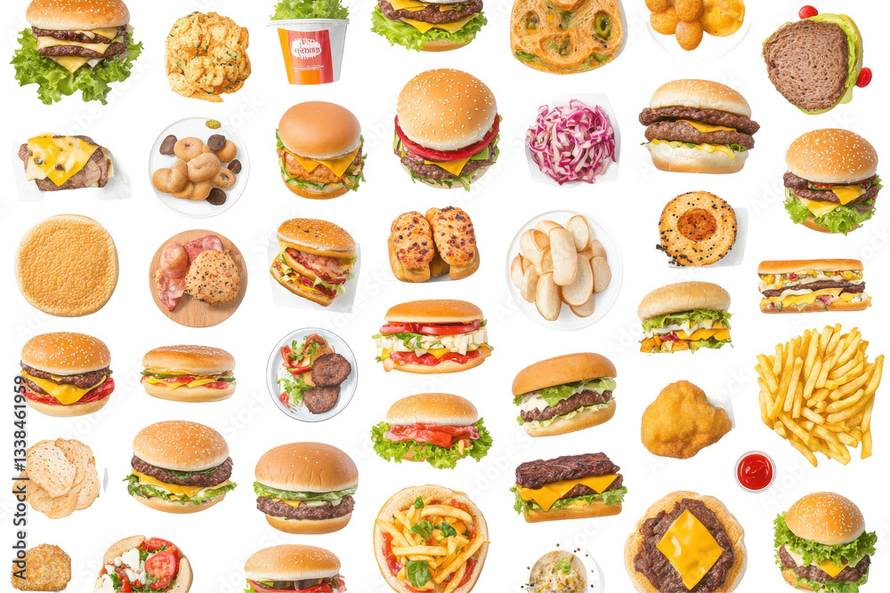 A vibrant array of delicious burgers and sides on display A vibrant array of delicious burgers and sides on display