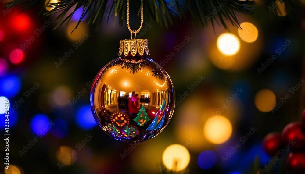 Obraz premium Christmas Ornament Hanging on a Christmas Tree with Colorful Lights