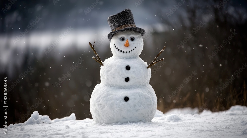 Obraz premium Cheerful Snowman in Winter Wonderland Snowy Landscape Holiday Scene