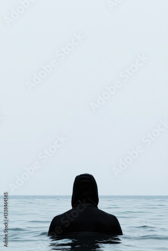 Solitary figure in dark hoodie stands in calm water, evoking mys