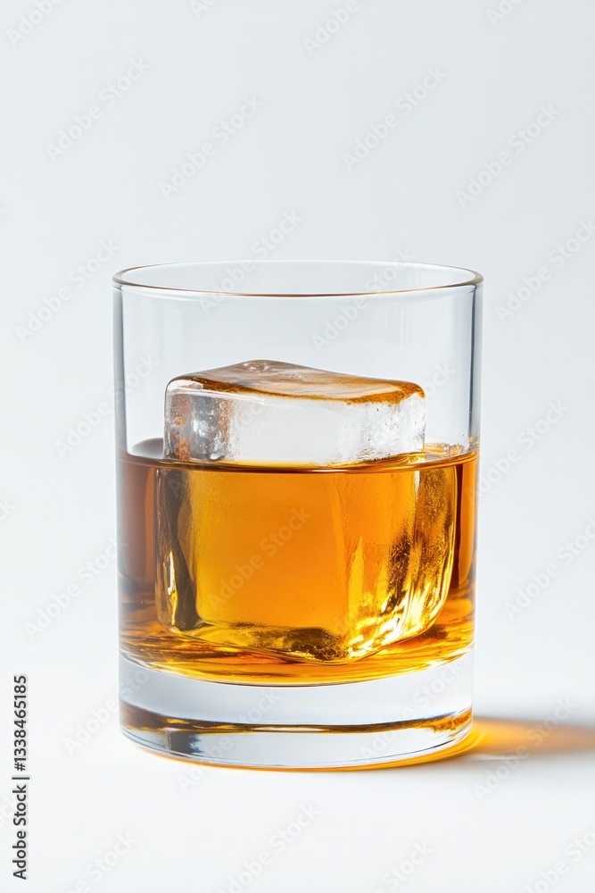 Rich amber liquid in glass, featuring large ice cube, minimalist Rich amber liquid in glass, featuring large ice cube, minimalist