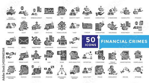 Financial crimes icon set in Glyph style. Collection includes investigation, justice, trading, phishing, money laundering and more. Simple vector icon collection