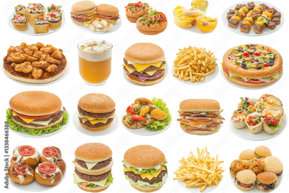 Assorted fast food spread with burgers, fries, and drinks Assorted fast food spread with burgers, fries, and drinks