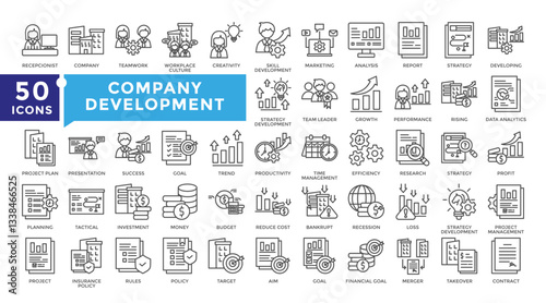 Company development icon set in outline style. Collection includes collaboration, goal, partnership, strategy, teamwork and more. Simple vector icon collection