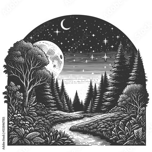 serene forest at night, featuring a crescent moon, stars, a river, and lush trees sketch engraving generative ai fictional character vector illustration. Scratch board imitation. Black and white image
