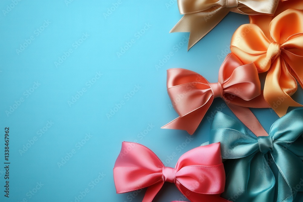 Colorful satin bows on a serene blue backdrop conveying celebration elegance and festive charm ideal for gift wrapping and decorative accents with soft lighting Colorful satin bows on a serene blue backdrop conveying celebration elegance and festive charm ideal for gift wrapping and decorative accents with soft lighting