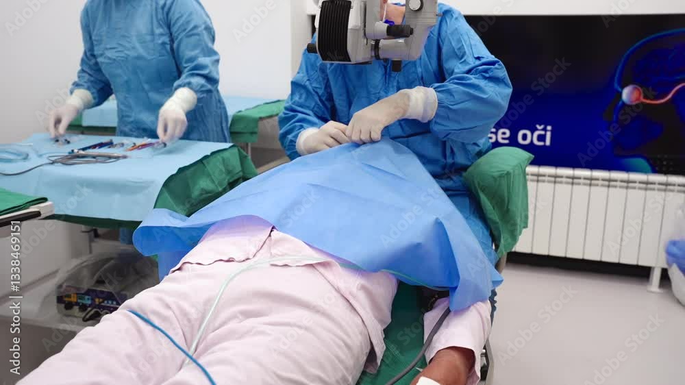 Skilled surgeon and his medical team performs precise eye surgery on an elderly patient, restoring vision with latest medical technology and cutting-edge techniques. Modern eye surgery concept.