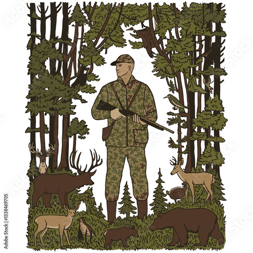 A military soldier in the jungle with animals vector, hunter man vector design