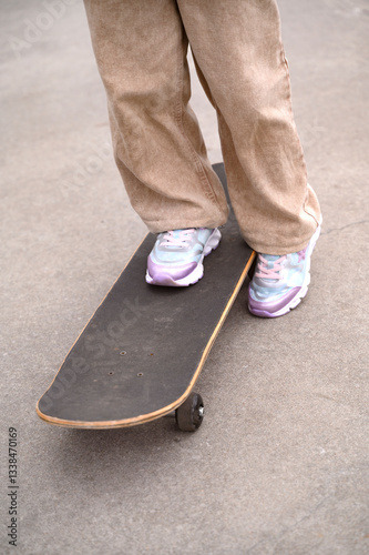 Child s legs on skateboard or longboard on pump trek or ramp copy space photo